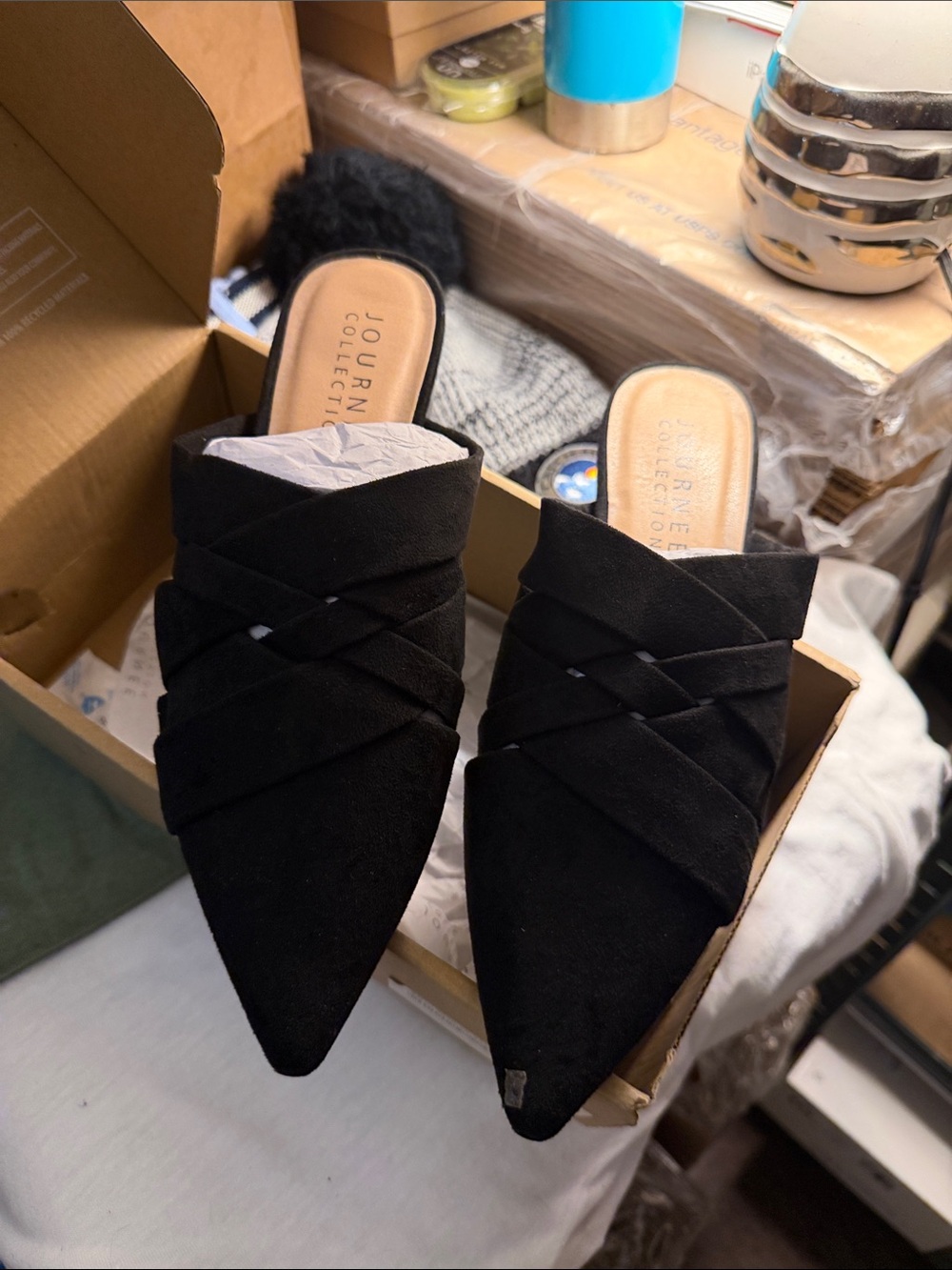 Journee Collection Black Pointed Crisscross Mules